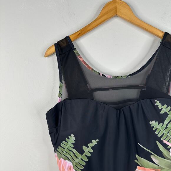 NWOT Black One Piece Floral Strappy Back Mesh Swimsuit - Picture 5 of 12